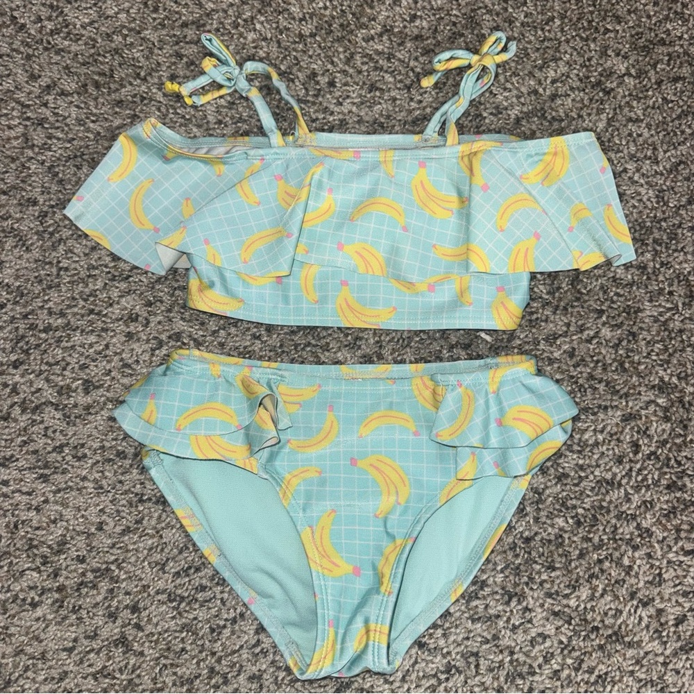 art class Aqua Blue Banana Print Ruffle Bikini